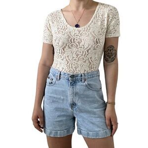 Vintage 1990s Womens Cream White Floral Sheer One Piece Leotard Bodysuit Sz M